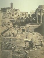 This photograph depicts a view across the ruins of the ancient Roman forum in the heart of the city of Rome. Along the horizon line can be seen, on the left-hand side: the Basilica di Santa Francesca Romana with the Colosseum behind; and on the right: the Arch of Titus.