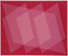 An abstract composition with overlapping quadrilateral shapes in shades of pink against a red and orange striped background. It is composed so that the images seem translucent and stacked in space, appearing 3-dimensional.