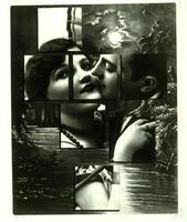 This work is a photomontage of a couple kissing. The image of the couple has been cut into squares and disjointed, pasted over a scene of a moon and river.