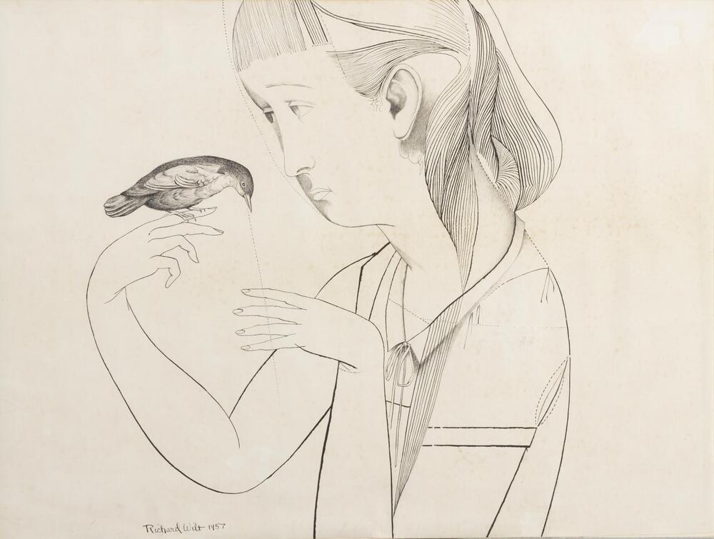 This drawing shows a girl holding a bird close up to her face. She is depicted from the side. The artist signed and dated the work in pencil (l.l.) "Richard Wilt 1957".