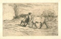 A shepherdess stands between two cows who are grazing at the center of the image. In the foreground is the indication of a rough track leading towards the distance at left. At the right is a woman bending over beneath a tree.