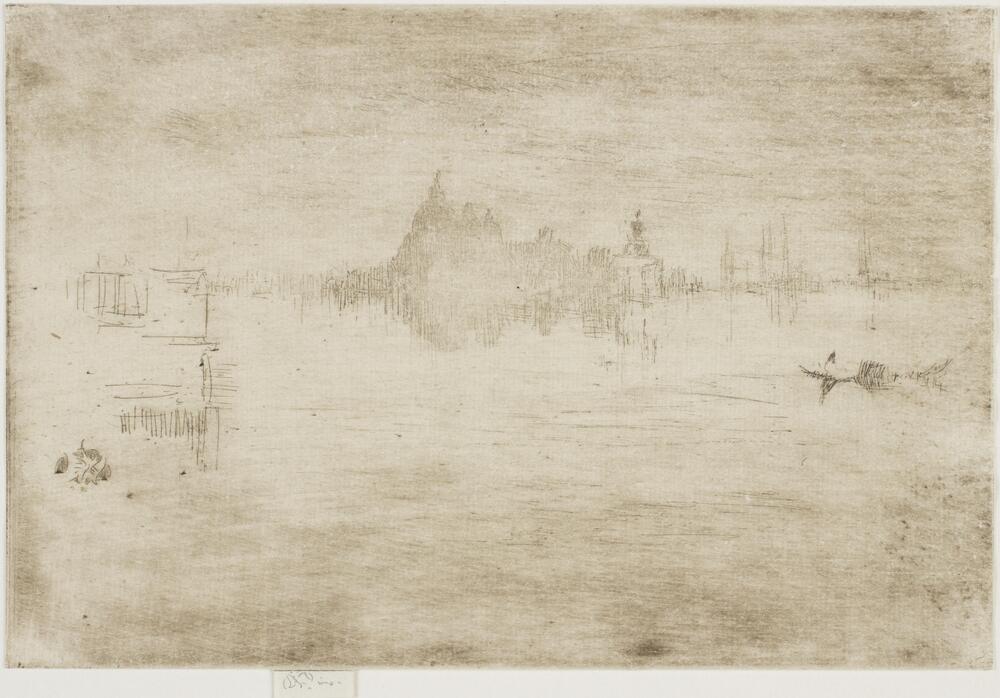This image shows structures and their reflections in the water, drawn largely through clusters of vertical lines. To the right in the distance are the masts of ships; at the right center is a small boat. More sketchily rendered are buildings or perhaps piers at the left of the image.