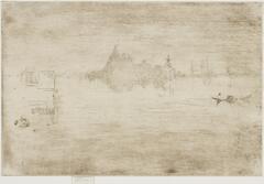 This image shows structures and their reflections in the water, drawn largely through clusters of vertical lines. To the right in the distance are the masts of ships; at the right center is a small boat. More sketchily rendered are buildings or perhaps piers at the left of the image.