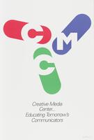 A white poster advertising the Creative Media Center. The center features a graphic with the letters C, M, and C arranged in oblong, symmetrical shapes colored red, blue, and green.