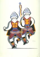 Centered on the page in this print are two figures in identical dress. They have white undergarments with maroon tunics and kilts that are trimmed in blue, and capes, black on the interior, lined in orange, and a orange and blue motif on the back, as visible on the left figure. The tunics have white fish-shaped attachments at the bottom hem and on each, at the chest, is a symetrical floral motif. Their boots are back with maroon and orange detailing, and have a white spur on one of the two boots. Both figures' faces are covered and they wear tiered, cone-shaped hats. Each figure holds a unique item, on the right a white ball and on the left a pole with blue, orange and maroon streamers coming from a blue disk. 