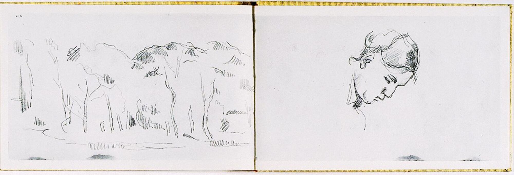 This object is a facsimile reproduction of a sketchbook of drawings by Paul Cezanne which was published by Curt Valentin. Sketches range in topics, from figures to landscapes, and various objects. There are also various notes scribbled throughout.
