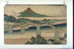 The prints features an arch bridge that crosses over the water, with four figures walking over. In the foreground there are trees by several little houses. There is a mountain in the background, with cloud surrounding. The artist inscribed the title of the work along with his signature on the upper right-hand corner of the print.