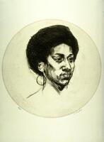 At the center of print is a rondel with a bust of a woman. The figure has an afro and wears hoop earrings; she gazes off to her left. The print is signed (l.r) "S. Abeles" and numbered (l.l.) "59/250" in pencil.