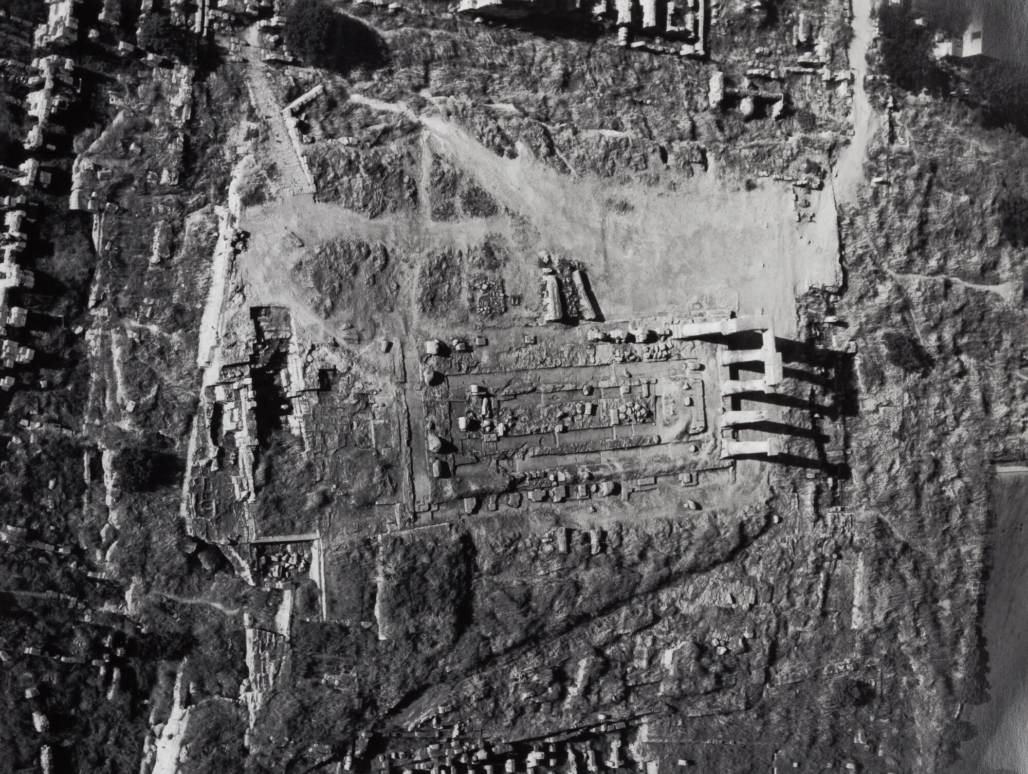 This photograph depicts an aeriel view of ancient temple ruins. 