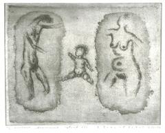 This print depicts three faceless nude figures. Two adults, man on the left and woman on the right, are floating in ovoid shapes. A small child floats at the center. The print is titled, numbered, signed and dated in pencil at the bottom of the page.