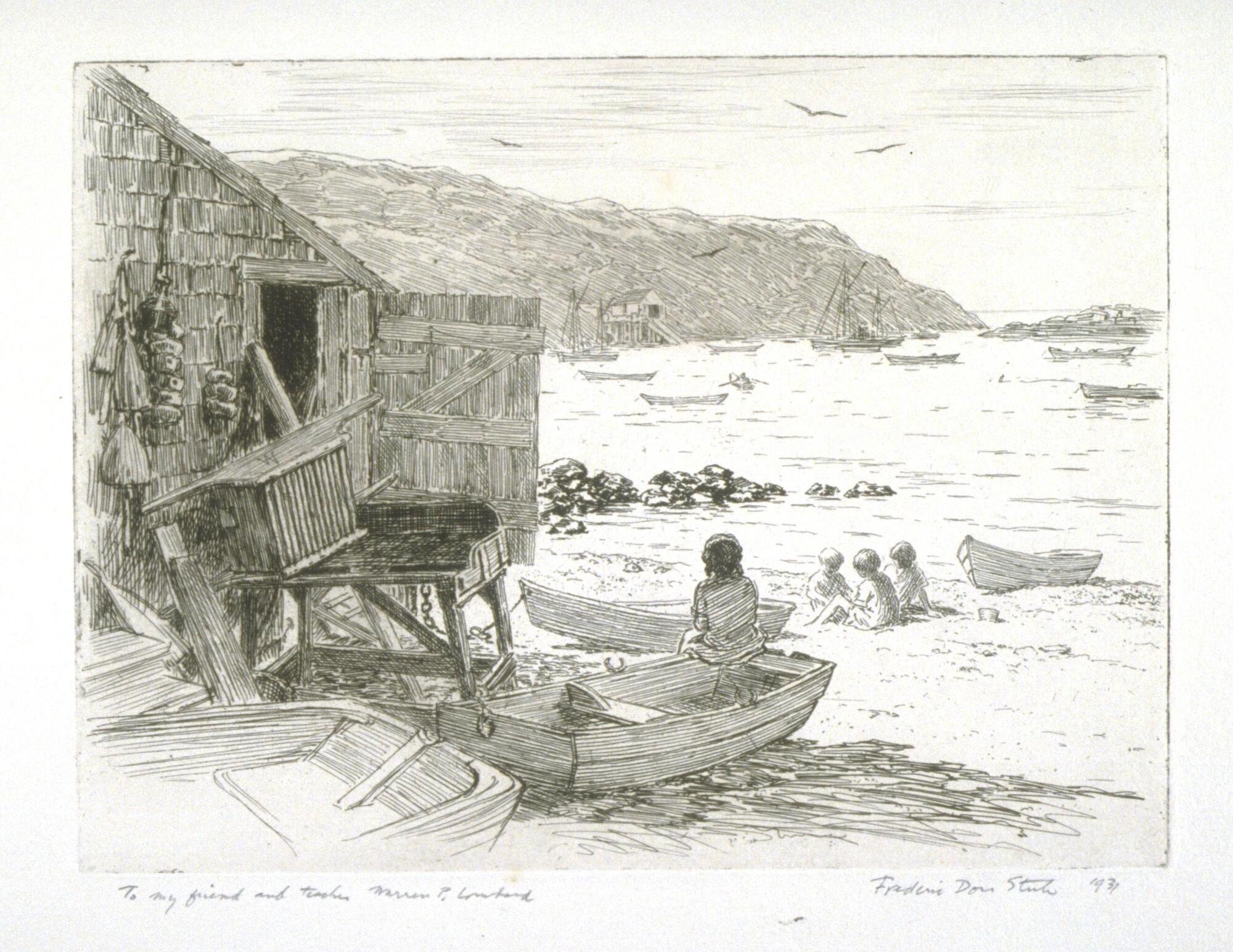 Print of family on beach. Mother sits on boat next to shed while children play in the sand. <br /><br />
EC 2017