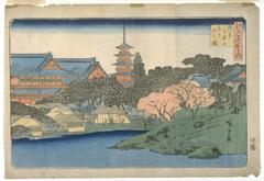 Spring scene with houses, a temple complex and a pagoda on the riverbank. There are also trees and cherry blossoms. Some people are walking by the river.