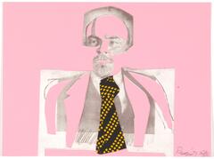 This very pink print is a three-quarter length portrait of Vladimir Lenin. Lenin's hair, eyes, beard, tie and lapels float out of the pink background. The black tie with yellow dotted stripes, is the most prominent detail. 