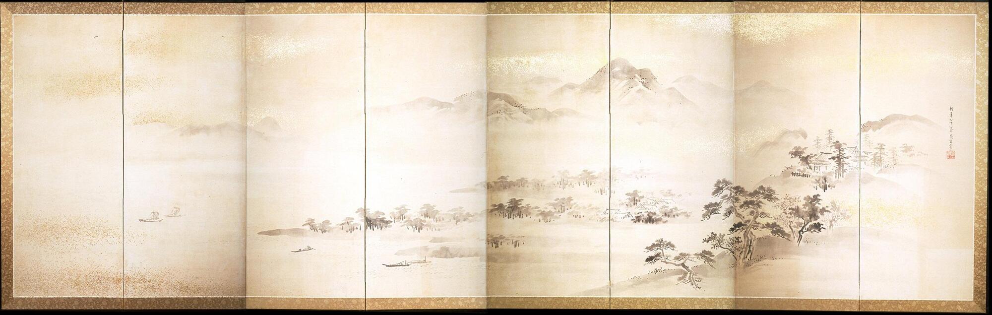 One of a pair of six-fold screens, this piece depicts mountains, trees, and the coast with boats on the water. The land is to the right with the water on the left. In the background is a faint mountain range. The background is also decorated with gold. The signature is on the far right edge in the middle and is followed by a red seal.