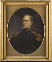 Man with grey hair, military uniform, oval shaped painting in a rectangular frame.