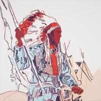 Profile of an Indian man holding a spear. Behind him are a row of teepees. Colors of white, light blue, tan, red and dark blue.