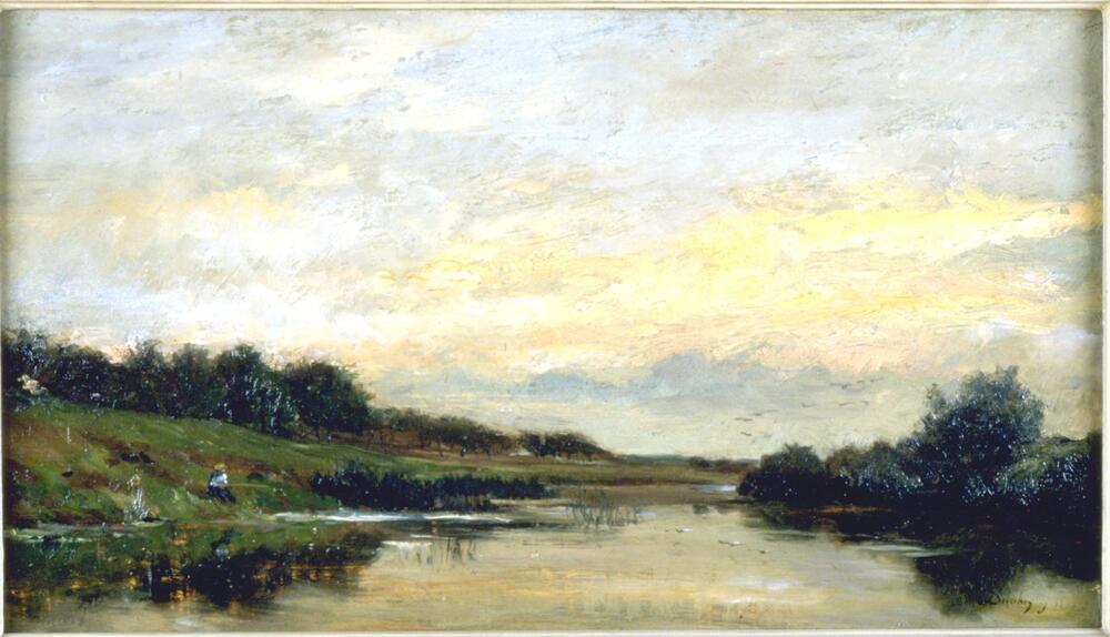 This painting depicts a quiet rural scene. A river runs from the foreground back into the distance, flanked on either side by green trees along the banks. A twilight sky dominates with salmon and blue hues. Ducks or geese fly just above the trees at right. A small figure fishing is visible on the left bank. The painting is signed and dated in paint (l.r.) "Daubigny 1870" (the date is somewhat obliterated).