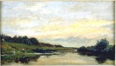 This painting depicts a quiet rural scene. A river runs from the foreground back into the distance, flanked on either side by green trees along the banks. A twilight sky dominates with salmon and blue hues. Ducks or geese fly just above the trees at right. A small figure fishing is visible on the left bank. The painting is signed and dated in paint (l.r.) "Daubigny 1870" (the date is somewhat obliterated).