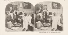 This black and white stereoscopic image features two images of two children in a bedroom with one child pointing at an old man, Santa, who is kneeling down in front of a fireplace holding a basket.