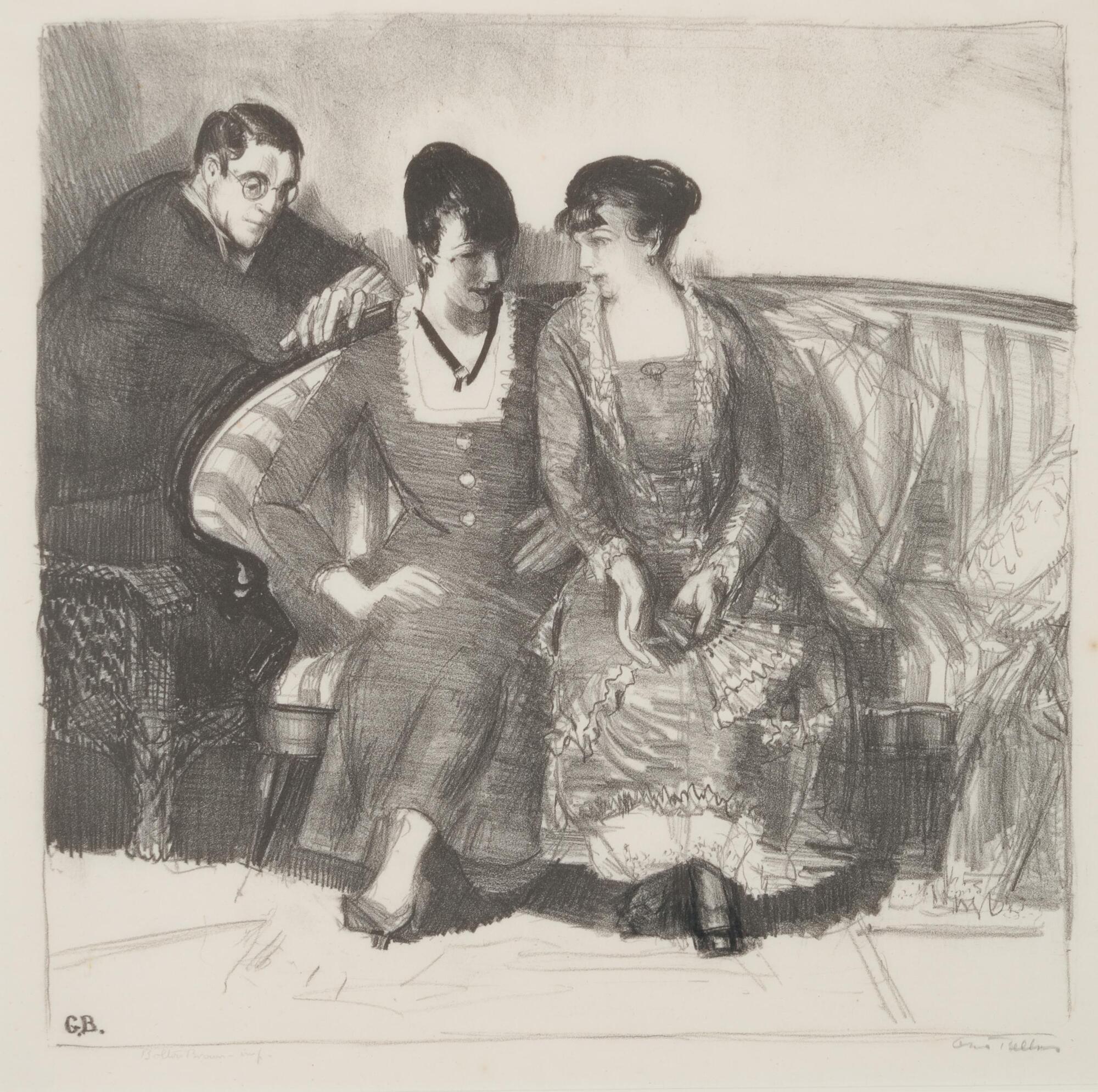 Emma Bellows and Elsie and Gene Speicher seated in Bellow&#39;s studio.