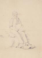 A pencil drawing of a seated boy holding a pail.