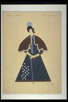 This costume design shows a long black dress with a flaring skirt; white polka dots cover only the bottom left side. There is also a brown shawl with white scalloped edges and a bonnet, black inside and brown outside, with a blue feather. 