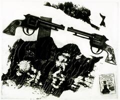 This black and white print shows the images of two pistols pointed at each other. Two large black abstract forms with vertical stripes sit underneath and above the two guns. At the lower right, there is a rectanglular box with the text "ALLUME TES / GITANES" and artist's signature "Man Ray", alongside an image comprised of half a glass bottle and abstract shapes and marks. The print is signed (l.r.) "Man Ray" and numbered (l.l.) "8/41" in pencil.