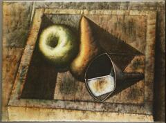 Horizontal still life in muted colors shows a shallow box with a green apple in the upper left corner, a golden pear in the middle, stem-end up, and a funnel lying on its side, to the right, bell pointing inwards toward the pear.