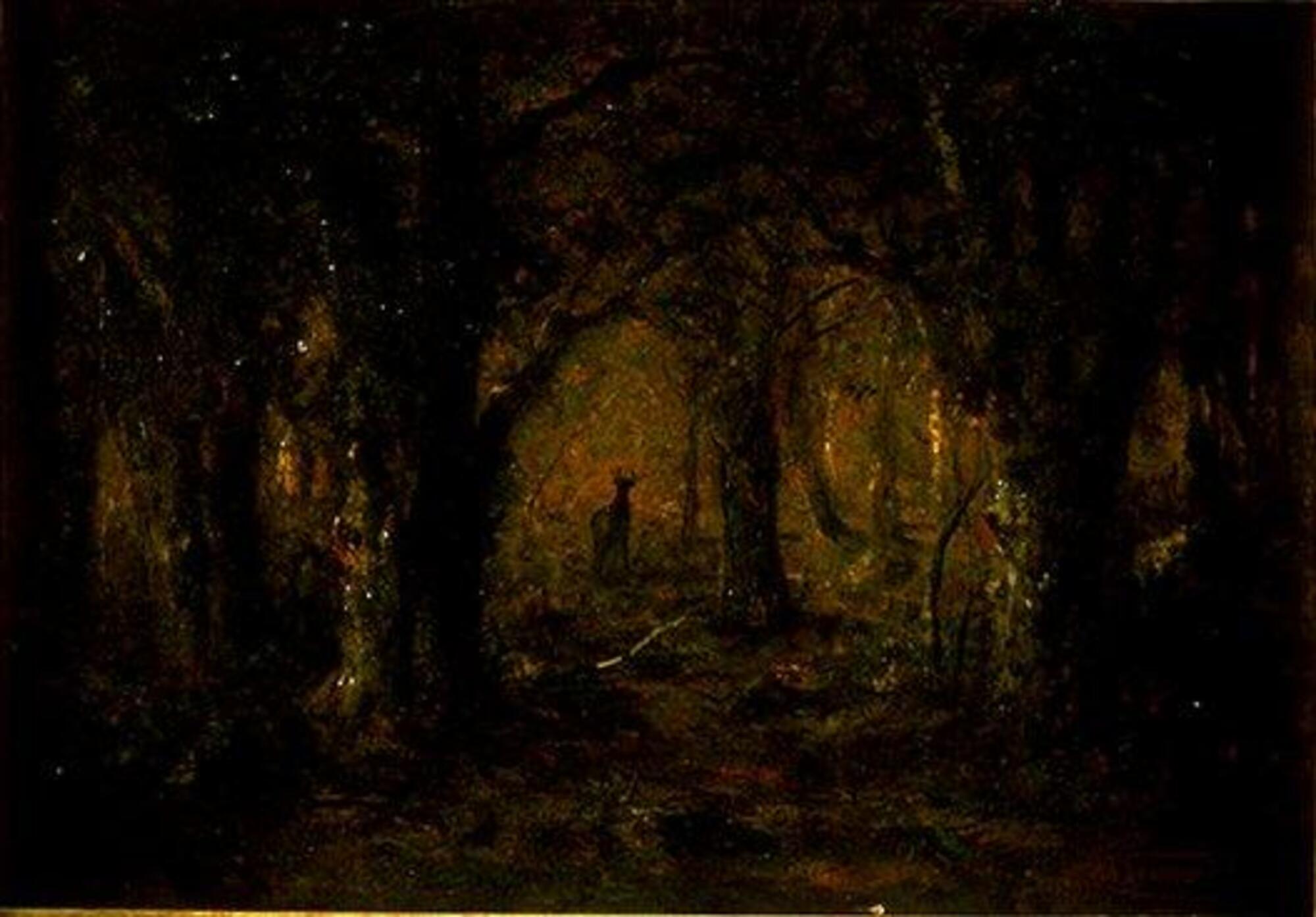 Landscape painting depicting trees with a solitary deer in the center of the canvas
