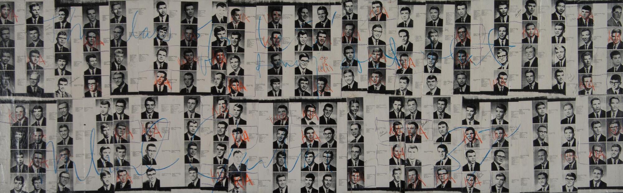 Copies of men&#39;s high school portraits from yearbook pages collaged onto board. There are words written across in red, blue, orange and purple crayon &quot;The Class of 65....&quot;