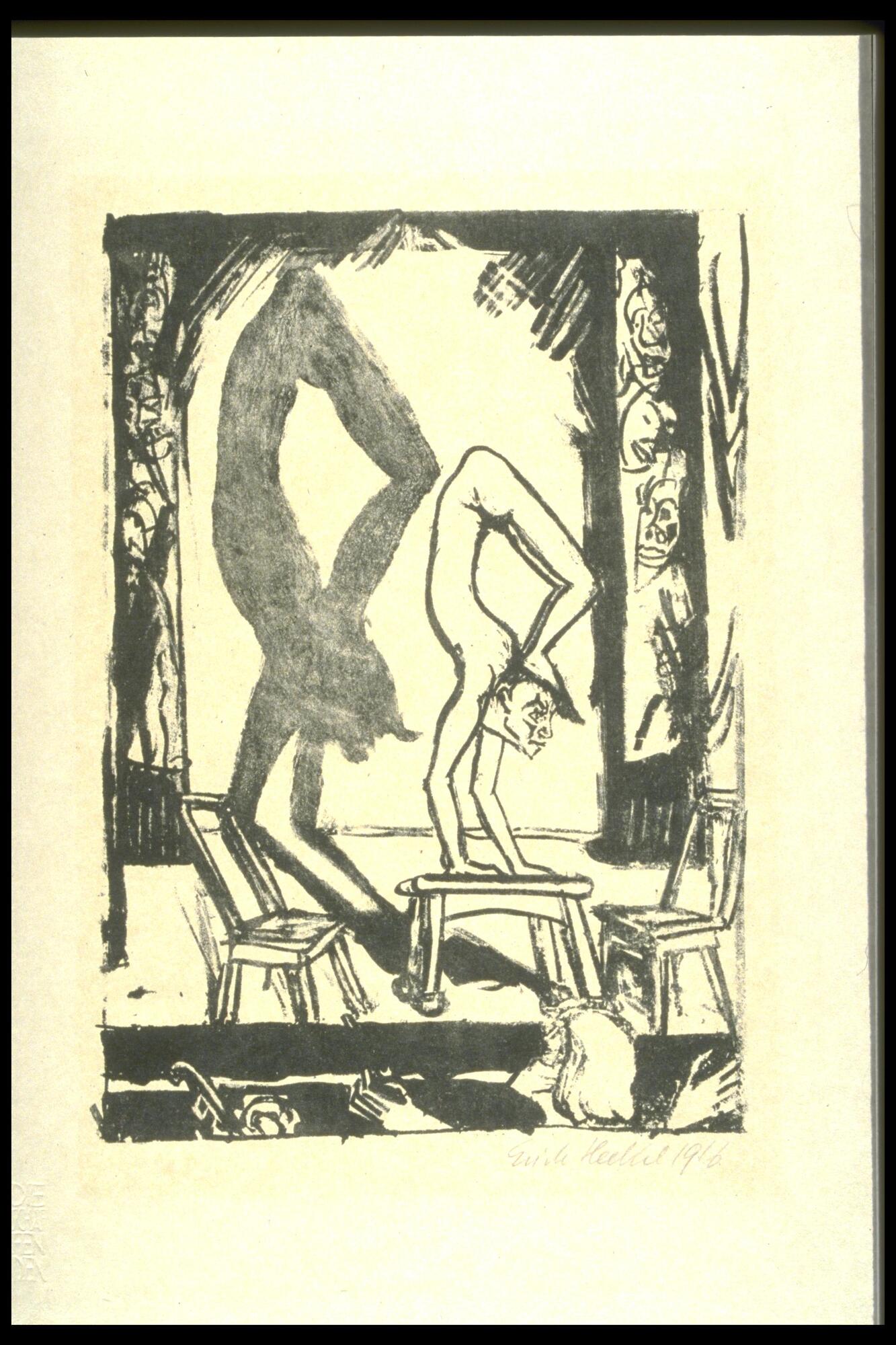 Print featuring a stage with a figure of a man with his feet touching his head while doing a handstand on a small table flanked by two chairs.  His large shadow is cast on the wall behind him.  The head and hands of a conductor are visible in the lower right.