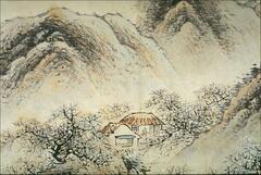 The painting is nearly entirely dominated by mountains, yet nestled among them lie two small buildings. Around these structures and near the placement of the viewer are dark plum trees with spiky branches and pink and white blossoms.