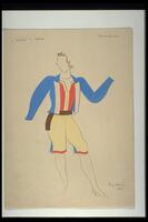 This costume design for a male dancer shows short, pale yellow pants with orange trim, a tight orange shirt or vest, and a light blue jacket with white lapels and brown belt.