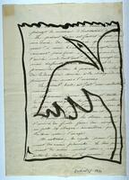 This is a double-sided document written in French with a drawing over one side. The line drawing shows a bird coming in from the right side of the image and a border around the text. The other side includes a stamp, in ink, in the upper left corner, of a seated woman with the word 'timbre' and the price in Francs. An encircled '3' and the word 'BIS'  appear at the top of the page.