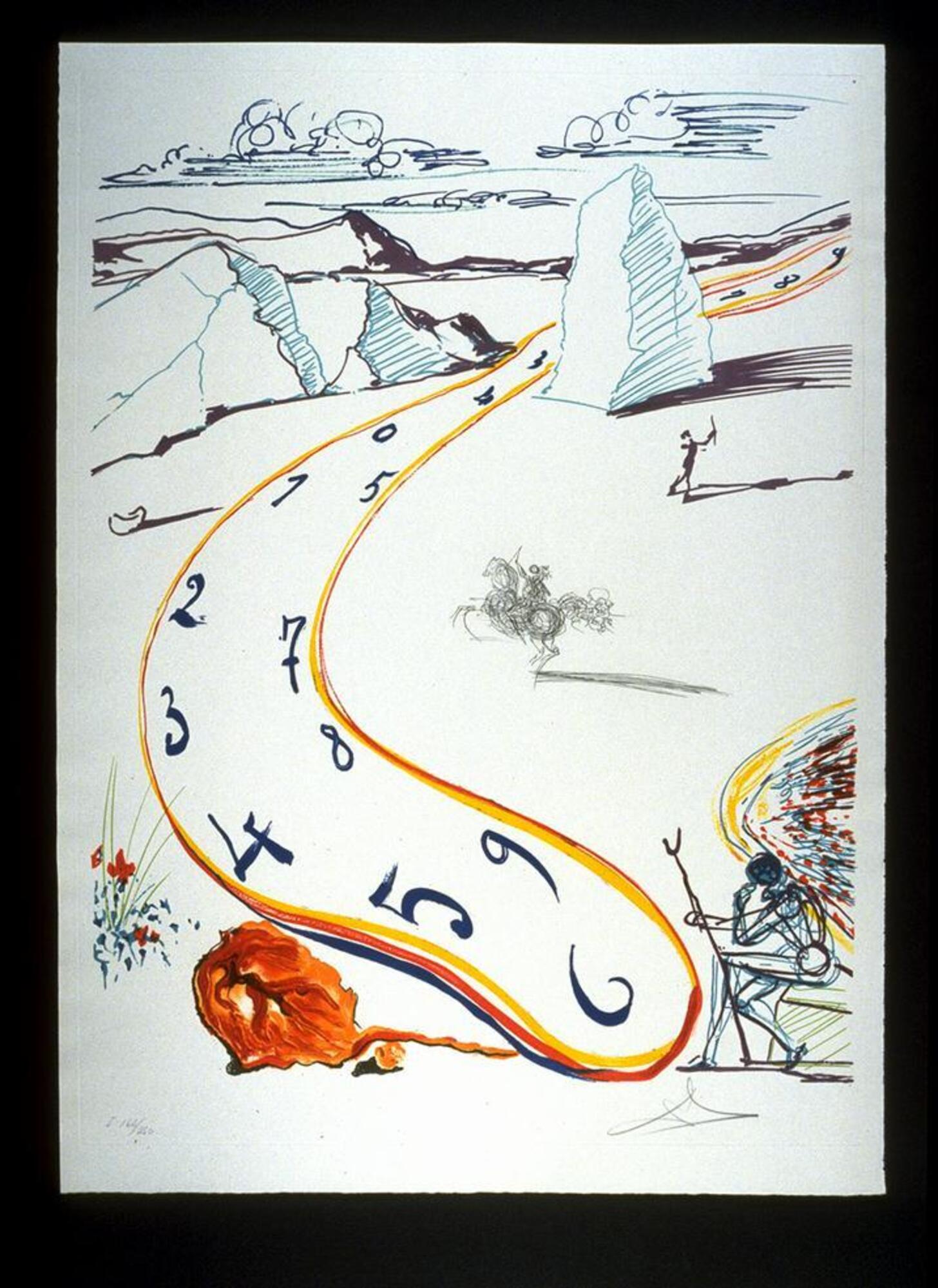 Winding through the center of this print, a melting clock oozes from the top right to the bottom center in red, yellow and blue. To the left of the base of the clock is a bright orange and red bolder. In the background, there is a large landscape with mountains and a cloudy sky. There are three figures in the scene. At the bottom right, a figure is seated with a staff and behind it is a large shape in yellow, red and blue. At the center, there is a sketch of a mounted figure on a rearing horse; and at the upper right, there is a figure with a strong shadow. The print is signed (l.r.) and numbered (l.l.) in pencil. 