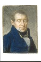 This portrait of a middle aged man is shown in a bust-length view, looking at the viewer, much as if this were a miniature on ivory.  The man wears a dark blue coat with a white collar and cravat.