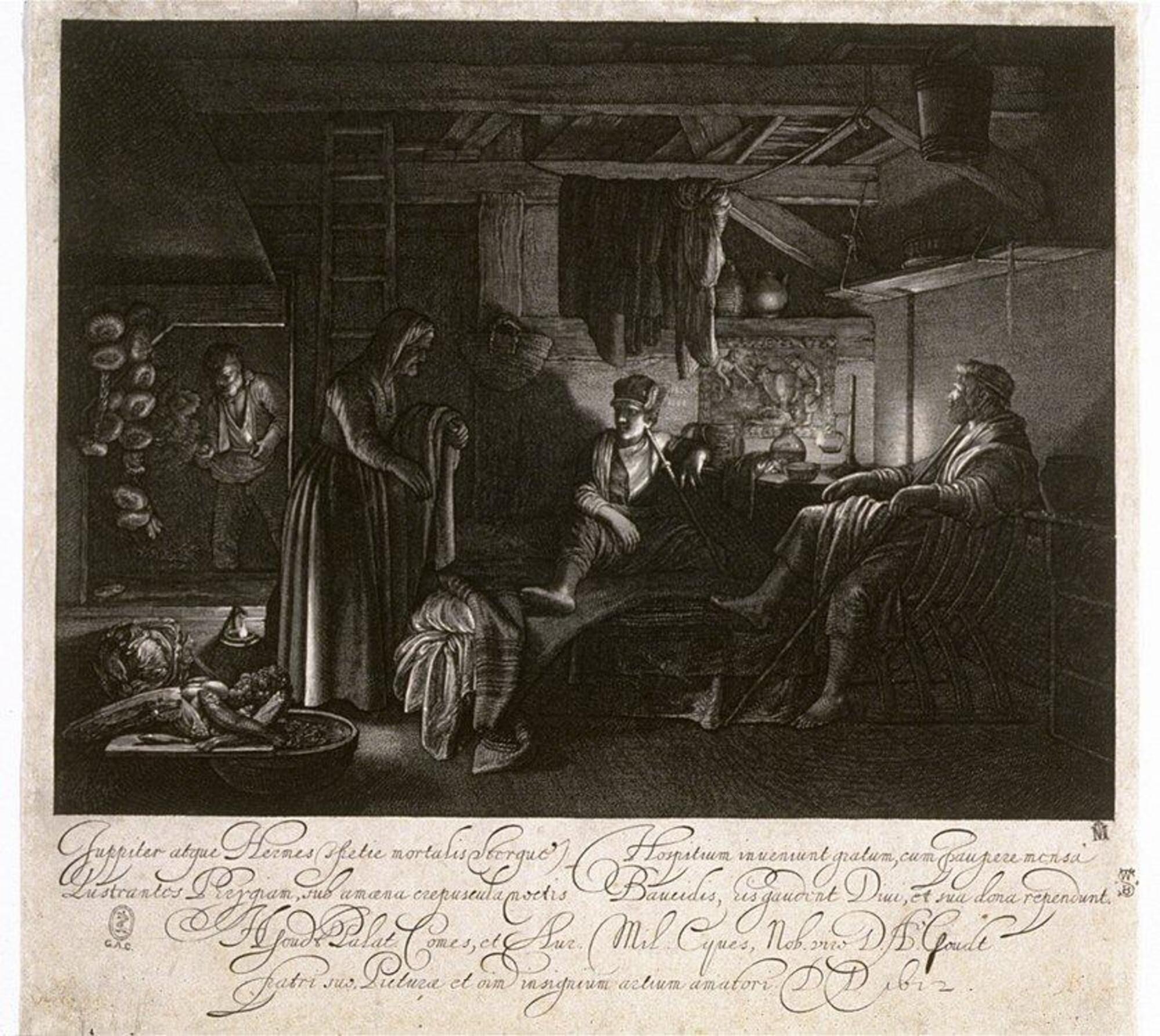 Two lamps provide the only source of light in this nighttime interior and the scene is full of dark shadows and areas highlighted by white. Two men are seated at a table- one is a bearded man wearing long robes and the other has a staff and a hat with wings. They are looking at a woman, wearing a cloth headdress and a long dress, who stands before them. On the left is a man entering through a doorway. The features of the room are shown in great detail including the assortment of food, hanging vegetables and baskets, a wall tapestry, the rough wood planking and decorative designs on the bedding. There is a printed Latin inscription below this scene.