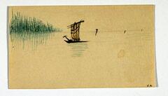 This is a drawing of a sailboat in water with tall green grass to the left of the sailboat. This drawing is on tan paper and would have been used as a place card as at a dinner party.
