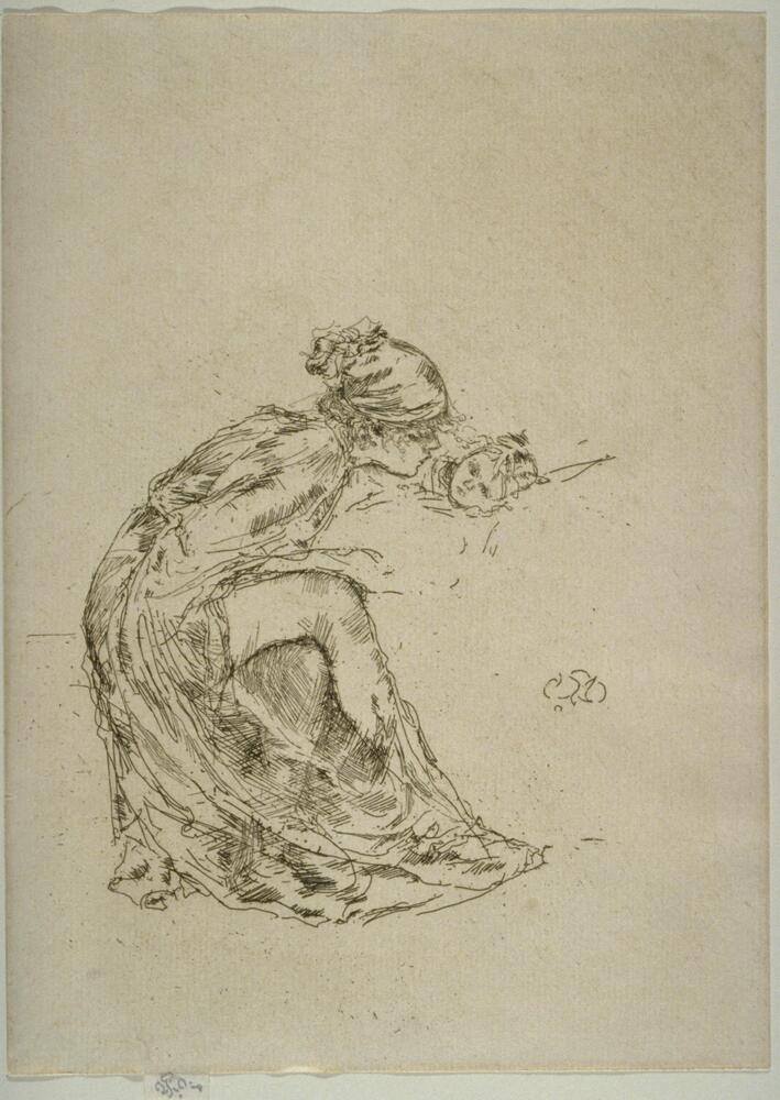 A young woman, dressed in diaphanous and flowing drapery and a scarf or kerchief over her hair, is seen sitting with legs crossed before a bed in which a child is lying. The woman is in profile, leaning to the right as she brings her face close to that of the child. The child is summarily sketched except for the head.