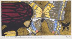 A girl with her head and body in profile, with her head stretched in front of her body and hair flowing behind her; her hair is an abstract design of red and black. In front of her is a giant brown, yellow, and blue butterfly, with a smaller black butterfly next to it.