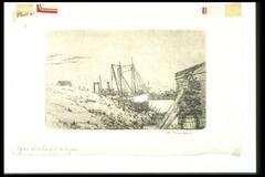 This horizontal print shows a gentle slope of land in the left bottom corner. Emerging from behind it are a small house on the far left, and two sail boats in the middle, On the right, there is a wooden structure, perhaps a shed, with a barrel on the ground next to it.