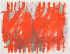 This is an abstract drawing with a large field of red and some green areas against a cream colored background. There are two groupings of vertical red lines partially covered by thick red strokes that create two round forms. Around the red area are black pencil strokes.