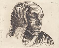 This etching depicts a three-quarter profile portrait of a woman’s face. The woman looks contemplatively toward the right with a solemn expression as her head rests against her right hand. The edge of her left shoulder is loosely sketched in the lower right of the composition.<br />