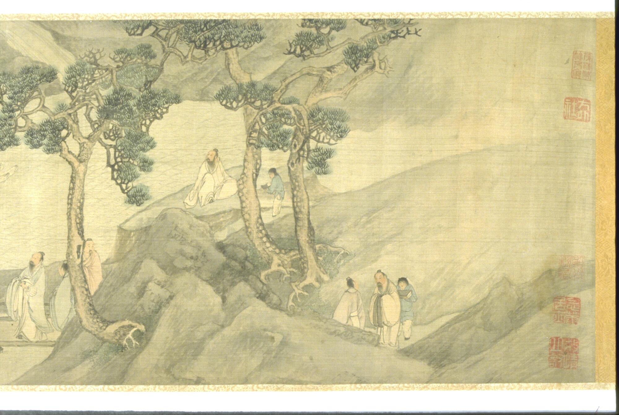Handscroll depicting figures (42 men and 6 boys) in a landscape, most of whom are sitting along the banks of a stream as cups on lotus leaves float by. A small cluster of figures sits in a shelter over the water examining a handscroll. The painting includes an inscription, six artist&rsquo;s seals and one collector&rsquo;s seal.