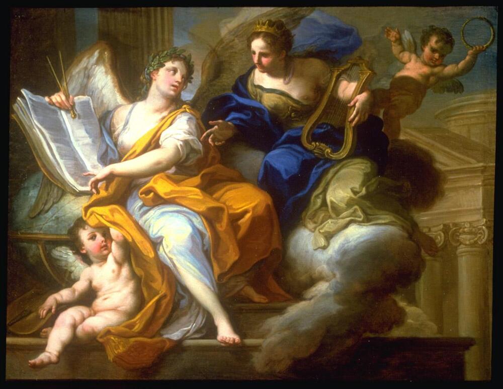 Two women accompanied by a pair of putti appear seated in the foreground of this painting. On the left sits a winged woman crowned with a laurel wreath and wearing a long white robe and a vivid ocher-colored mantle. She leans on a globe while cradling a large book in her right arm to which she points with her left hand. In her right hand she holds a compass. A putto peeks from beneath her mantle, and a viol is visible beneath the globe. The other woman sits on a cloud. She wears a golden crown and a richly colored blue mantle. She grasps a lyre with her left hand and leans toward the woman seated next to her, gesturing in the direction of the book with her right hand. A second putto stands near her left shoulder holding a gold circlet in his left hand. The background is filled with glimpses of neoclassical architecture, including fluted columns and a facade with a row of Ionic columns supporting an entablature.