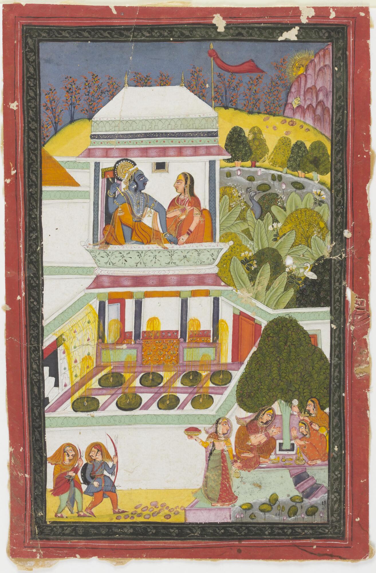 A blue-skinned figure faces a female, who are both seated within a white structure overlooking a courtyard. Outside the walls of the building, two men walk with bows and arrows. To the lower right, four female figures are gathered around a tree.