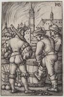 Three men standing next to wooden barrels, town scene with a steeple behind. One man has a rifle over his shoulder, hand on hip. The other has a foot against one of the barrels.