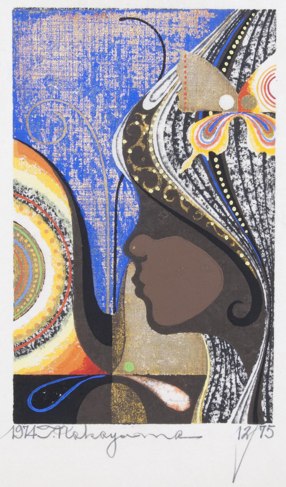 A girl with her head in profile, her black hair is highlighted with white, blue and yellow stripes, yellow columns of dots, and gold abstract curves. In her hair, there is a brown, red, yellow, and blue butterfly with abstract designs on its wing. The background of the print is blue, but the bottom half of the print is taken up by a partial view of a brown, black, red, and orange butterfly with abstract designs on its wings.