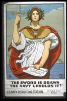 Text: &quot;The Sword is Drawn The Navy Upholds It!&quot; - U.S. Navy Recruiting Station - 115 Flatbush Avenue Brooklyn - (scroll text) We Can Do No Otherwise