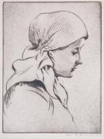 A side-view portrait of a woman wearing a scarf facing the right. She is looking down.